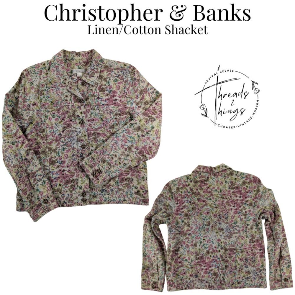 Christopher & Banks Top Women's Sm Floral Shacket Linen Cotton Maximalist Whimsy